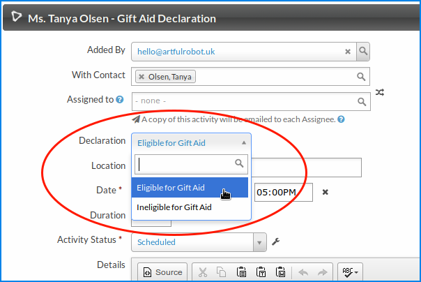 Screenshot showing Gift Aid Declaration