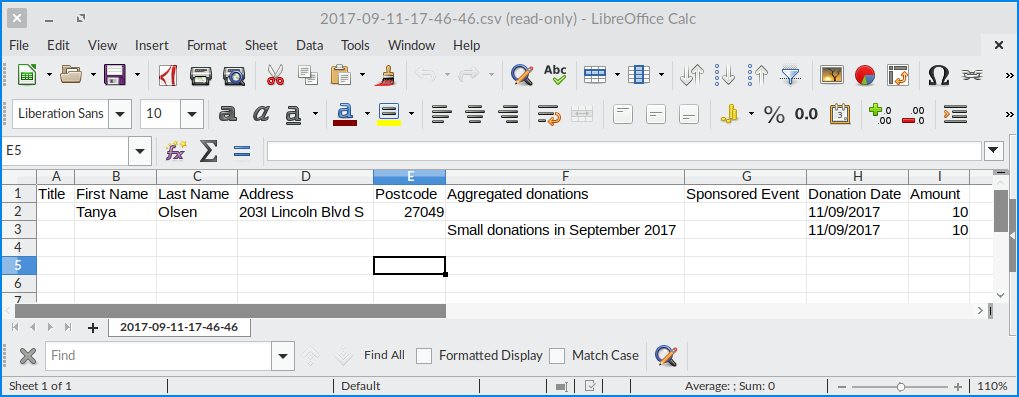 Screenshot of sample spreadsheet